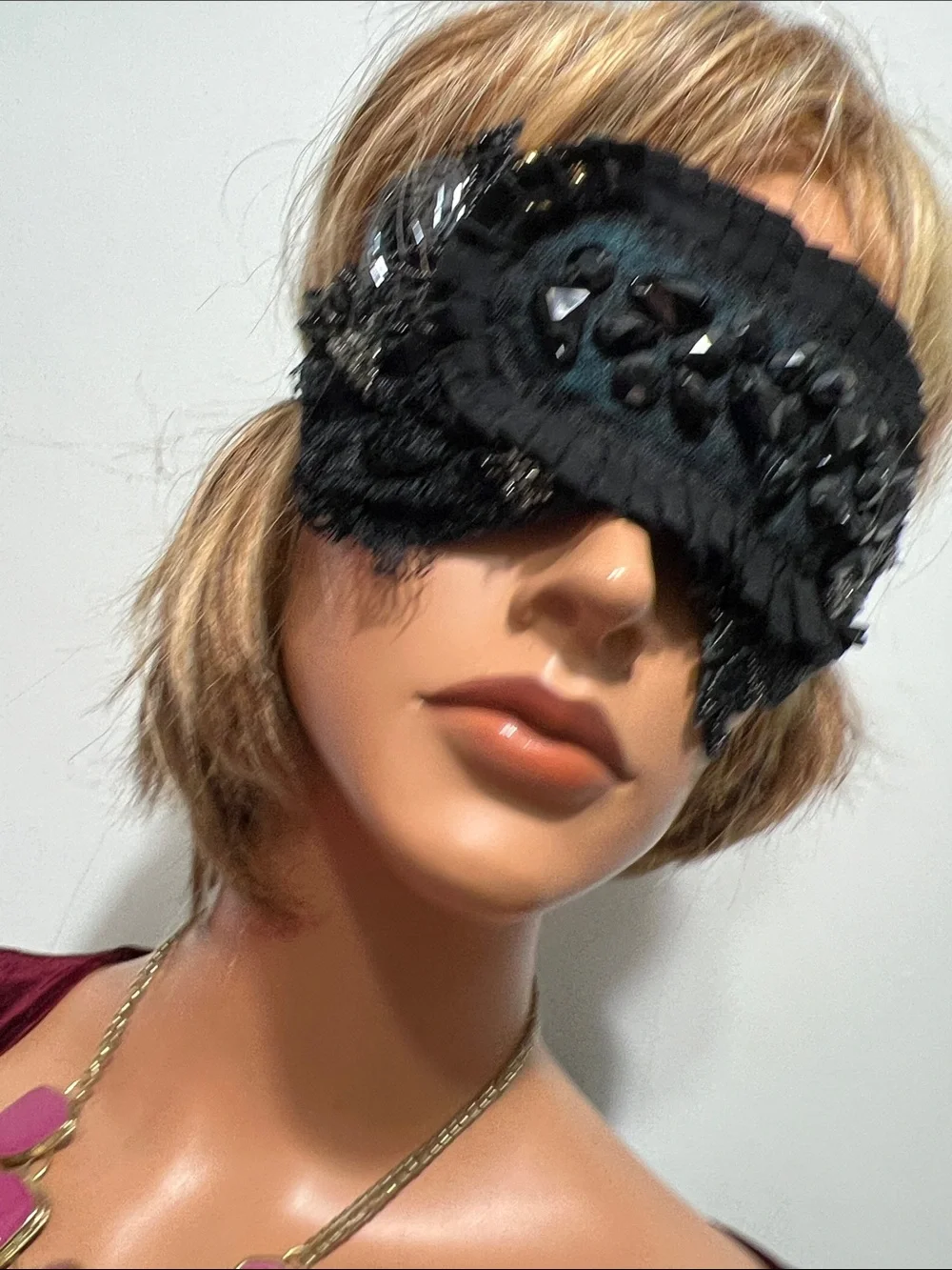 Black Beaded Lace Eye Mask - Elegant Sleep & Costume Accessory